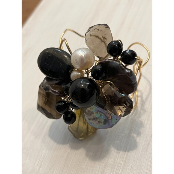 Tonobi Cuff Bracelet Designer Onyx Fox Tail Amethyst & Freshwater Pearl Natural - Picture 5 of 16